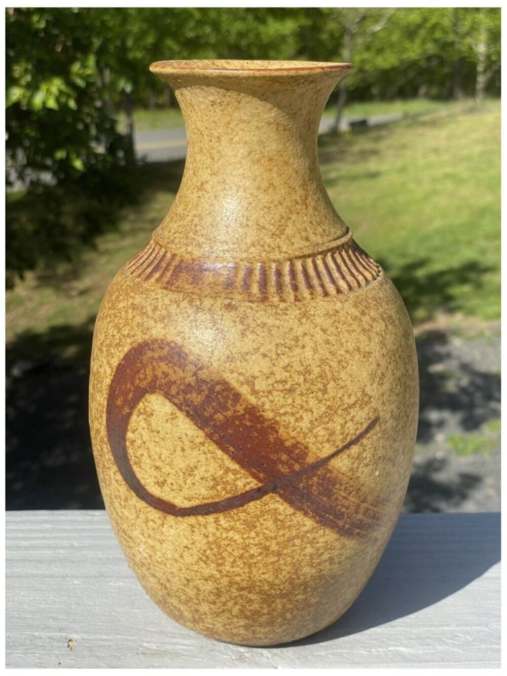 9-1/4" Vintage Brown Glazed Pottery Vase Home Accent Decor Beige Ceramic Retro